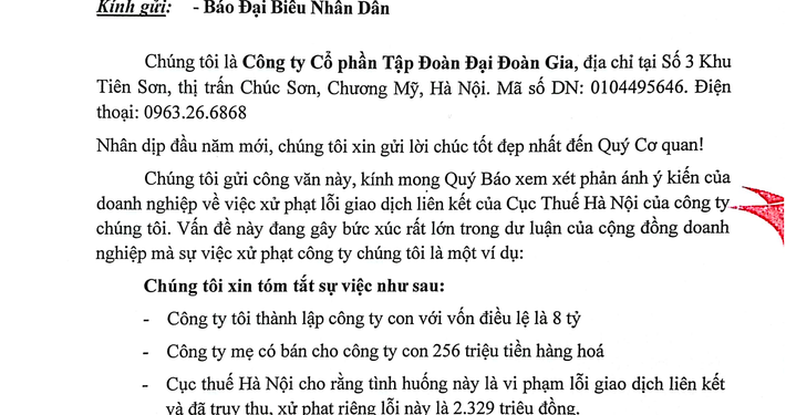 Tập đoàn Đại Đoàn Gia phản hồi một số nội dung liên quan kết luận thanh tra thuế
